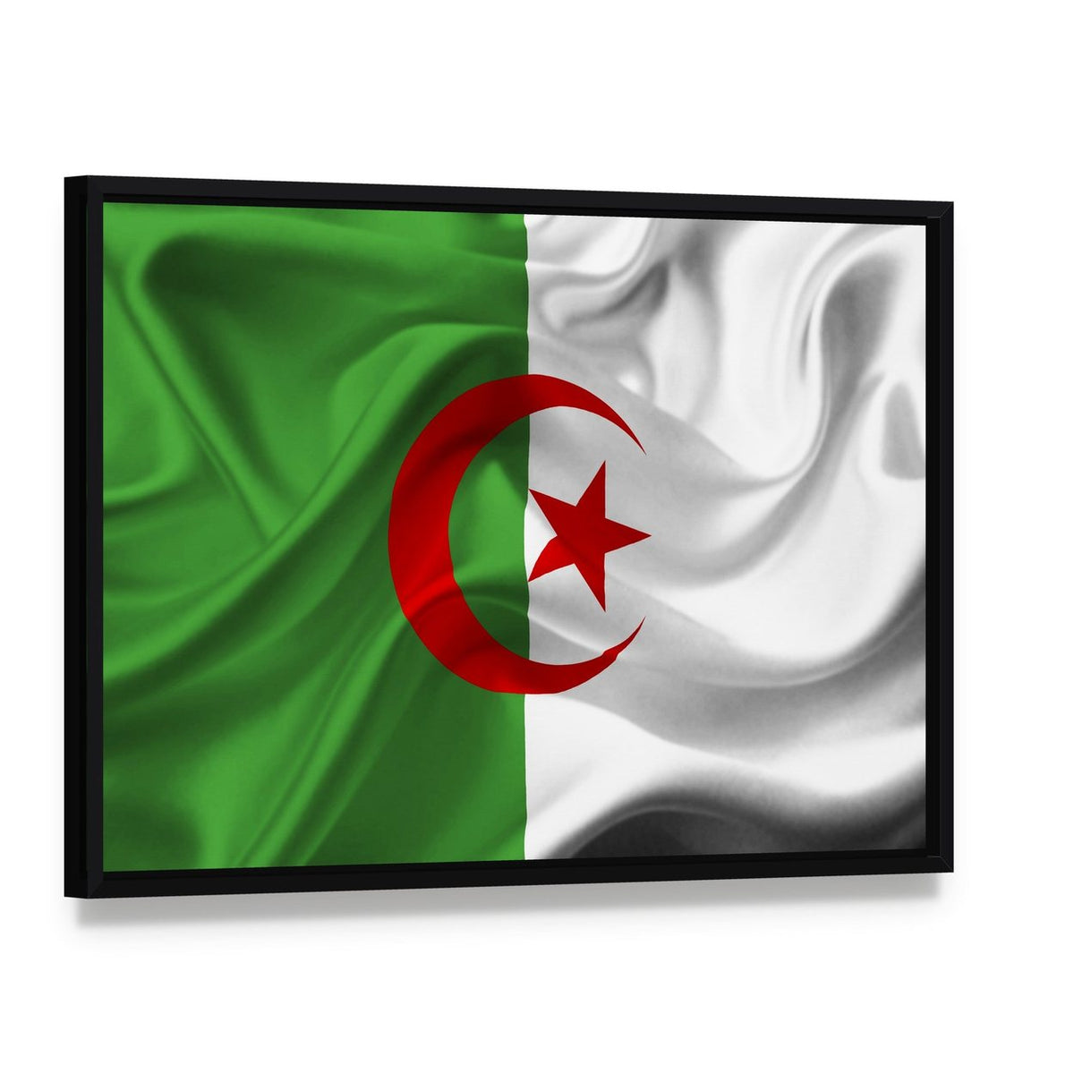 Draped Algerian Flag Canvas Wall Art, framed canvas in a black floater frame, angled product view