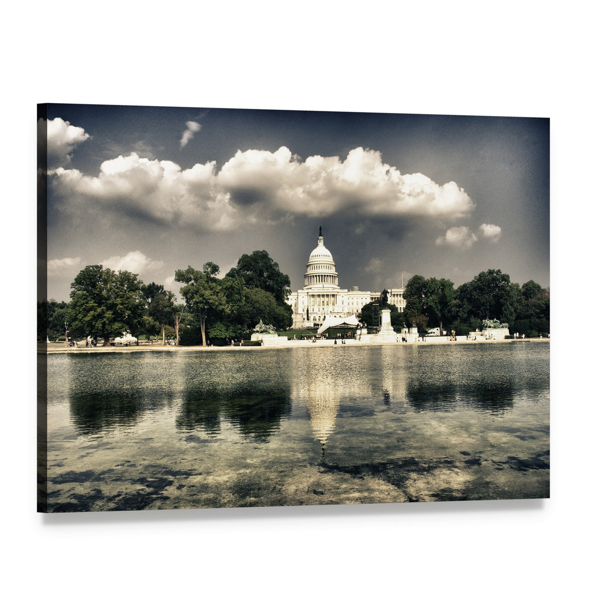 United States Capitol Sepia Reflection Photo Canvas Wall Art, single panel gallery wrapped canvas, angled product view