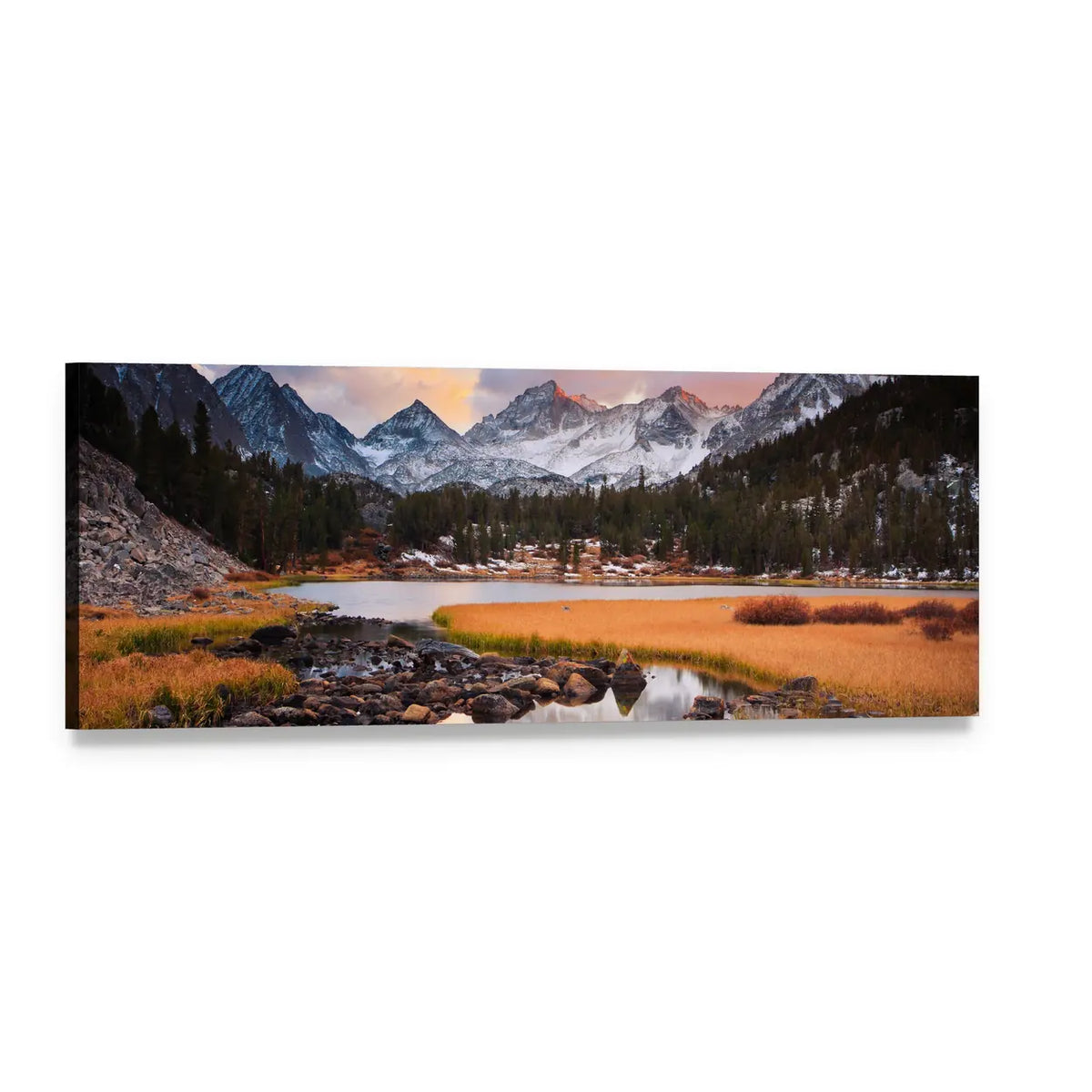 Siberian Mountain at Sunset Panoramic Canvas Wall Art, single panel gallery wrapped canvas, angled product view