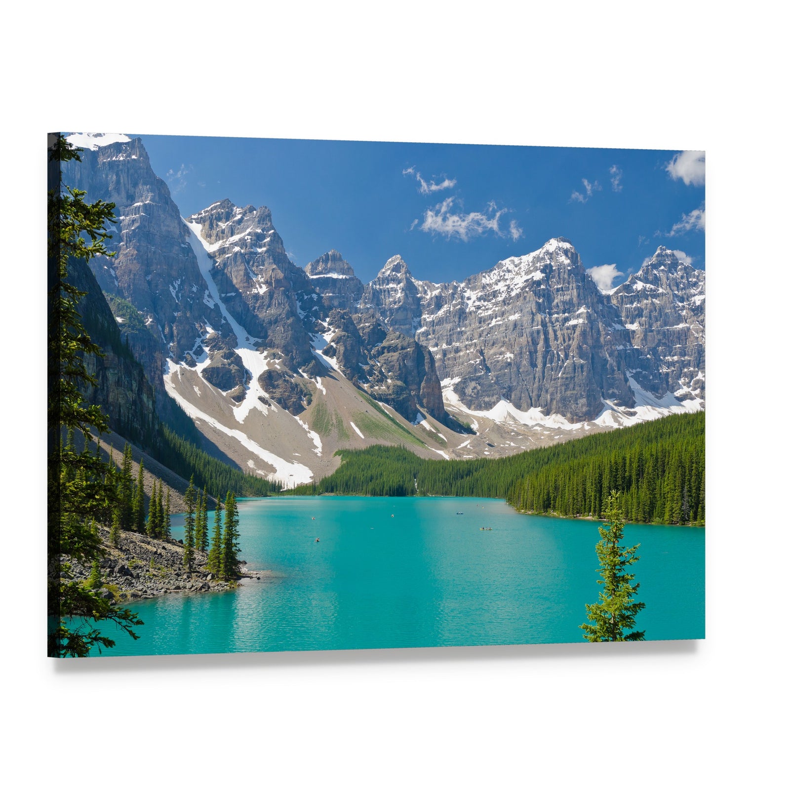 Majestic Moraine Lake Canvas Wall Art, single panel gallery wrapped canvas, angled product view