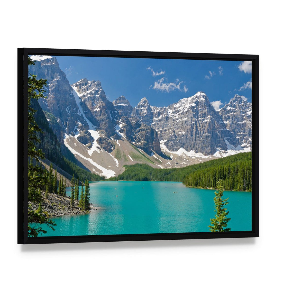Majestic Moraine Lake Canvas Wall Art, framed canvas in a black floater frame, angled product view