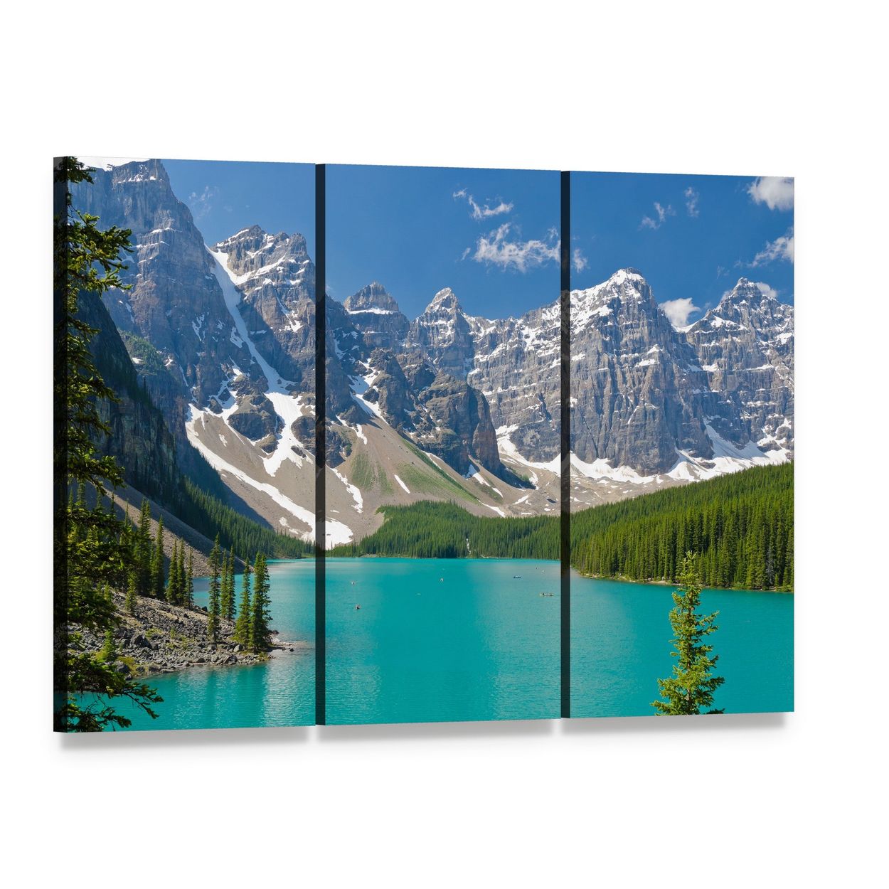 Majestic Moraine Lake Canvas Wall Art, 3 panel 3 Horizontal layout gallery wrapped canvas set, angled product view