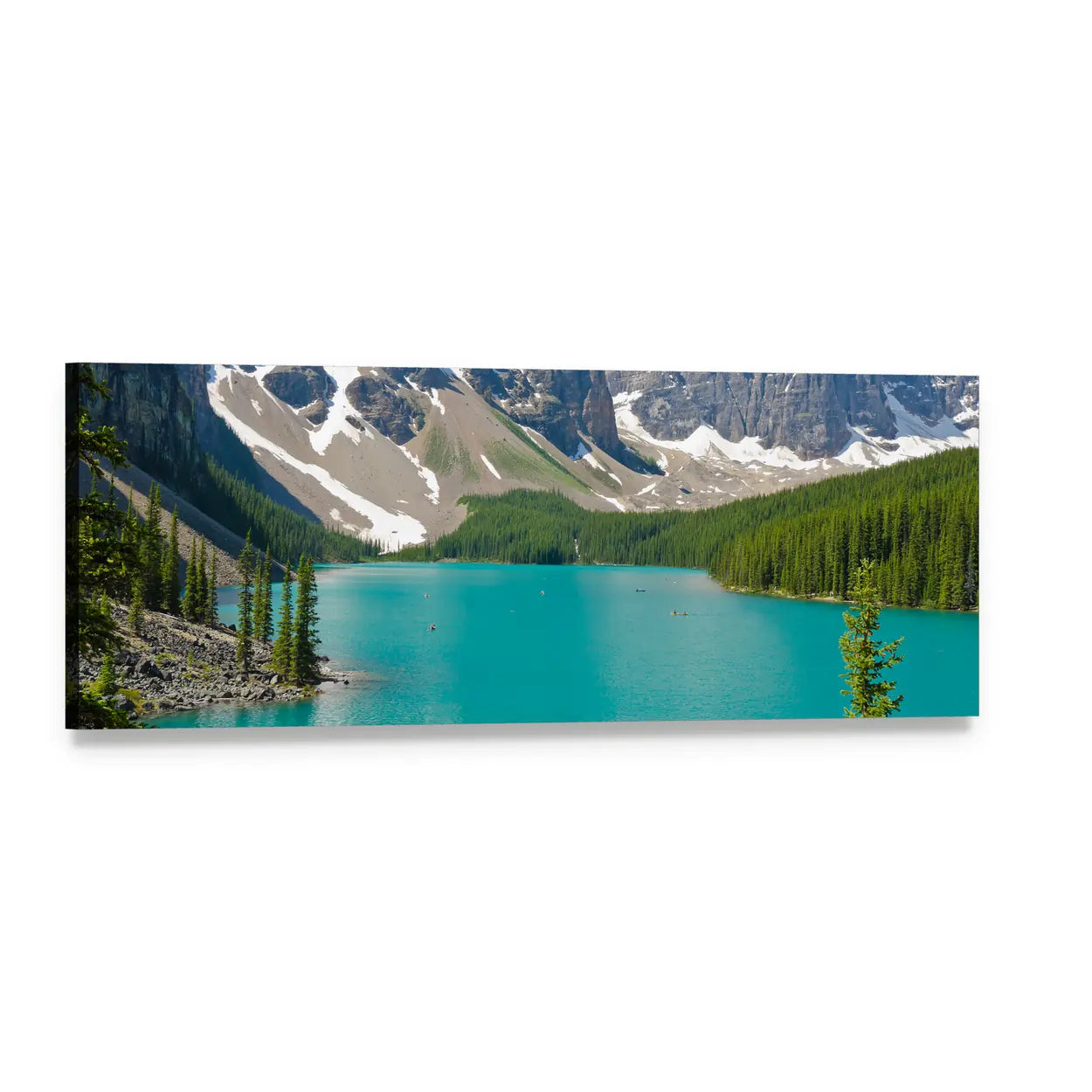 Moraine Lake with Turquoise Water Panoramic Canvas Wall Art, single panel gallery wrapped canvas, angled product view