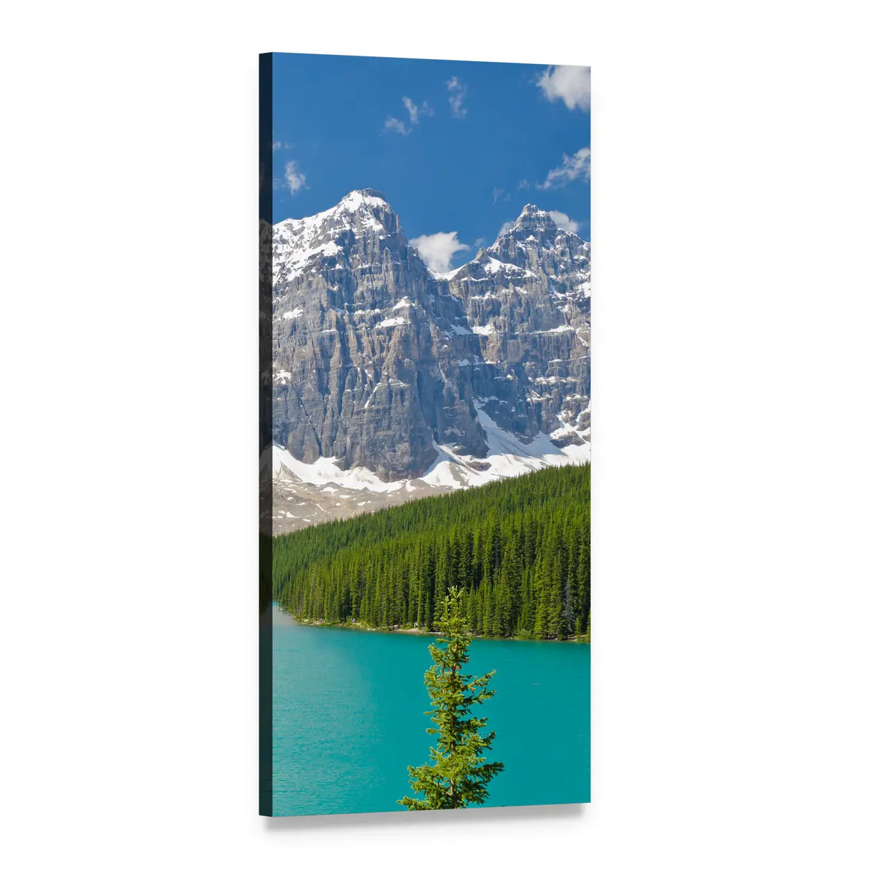Moraine Lake Turquoise Water and Peaks Vertical Canvas Wall Art, 1 panel 1 Vertical layout gallery wrapped canvas set, angled product view
