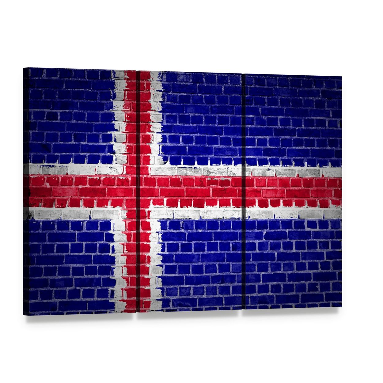 Icelandic Flag on Brick Canvas Wall Art, 3 panel 3 Horizontal layout gallery wrapped canvas set, angled product view