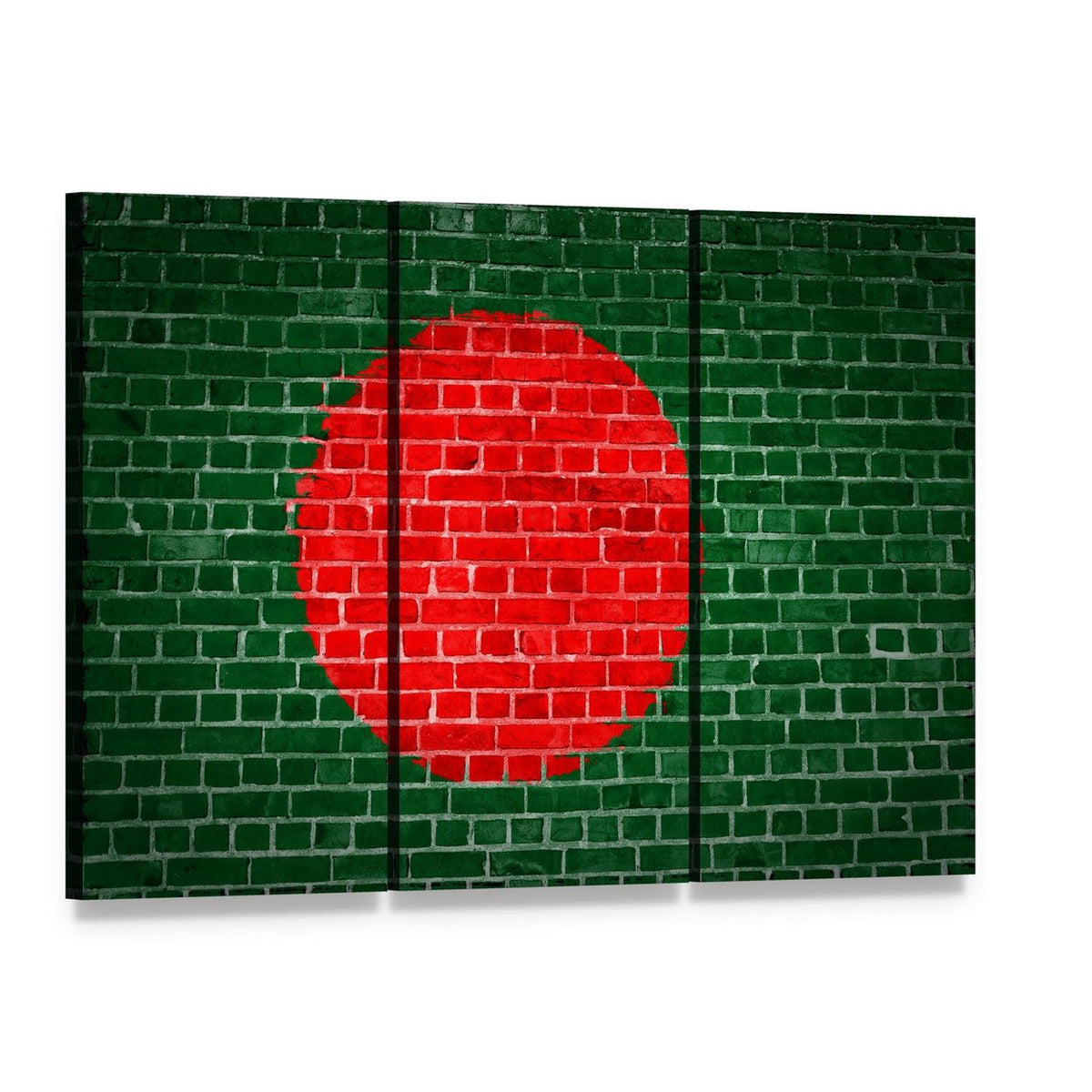 Bangladesh Flag on Brick Canvas Wall Art, 3 panel 3 Horizontal layout gallery wrapped canvas set, angled product view