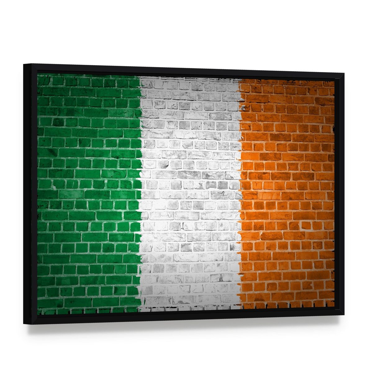 Irish Flag on Brick Canvas Wall Art, framed canvas in a black floater frame, angled product view