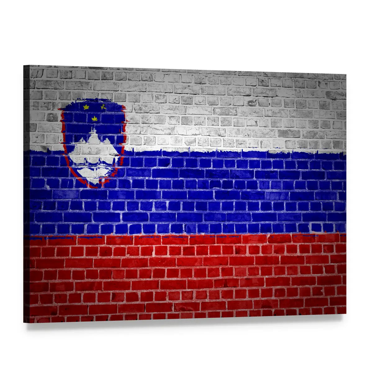 Slovenian Flag on Weathered Brick Canvas Wall Art, single panel gallery wrapped canvas, angled product view