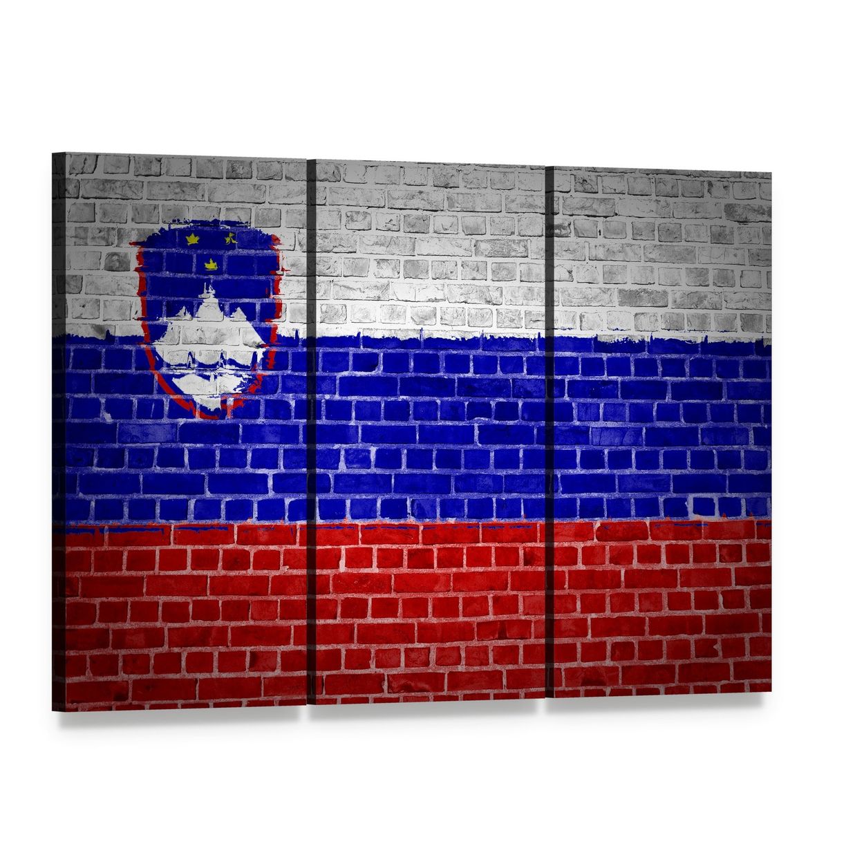 Slovenian Flag on Brick Canvas Wall Art, 3 panel 3 Horizontal layout gallery wrapped canvas set, angled product view