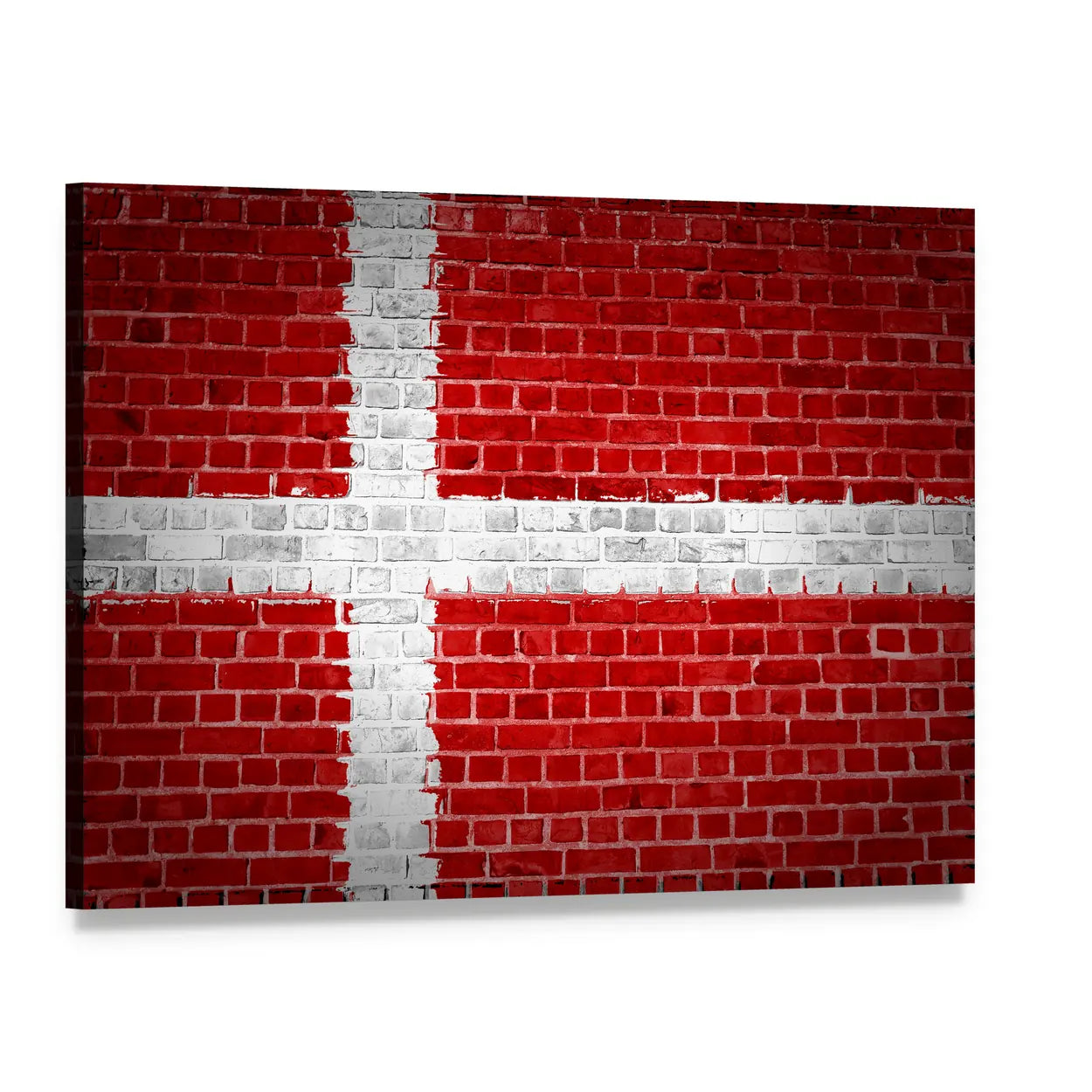 Danish Flag on Weathered Brick Canvas Wall Art, single panel gallery wrapped canvas, angled product view