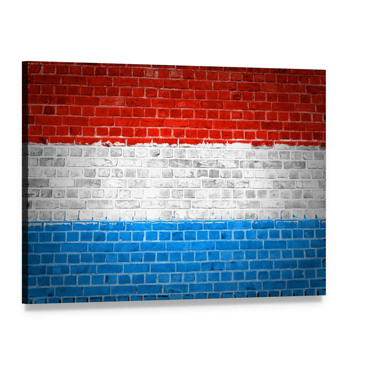 Luxembourg Flag on Painted Brick Canvas Wall Art, single panel gallery wrapped canvas, angled product view