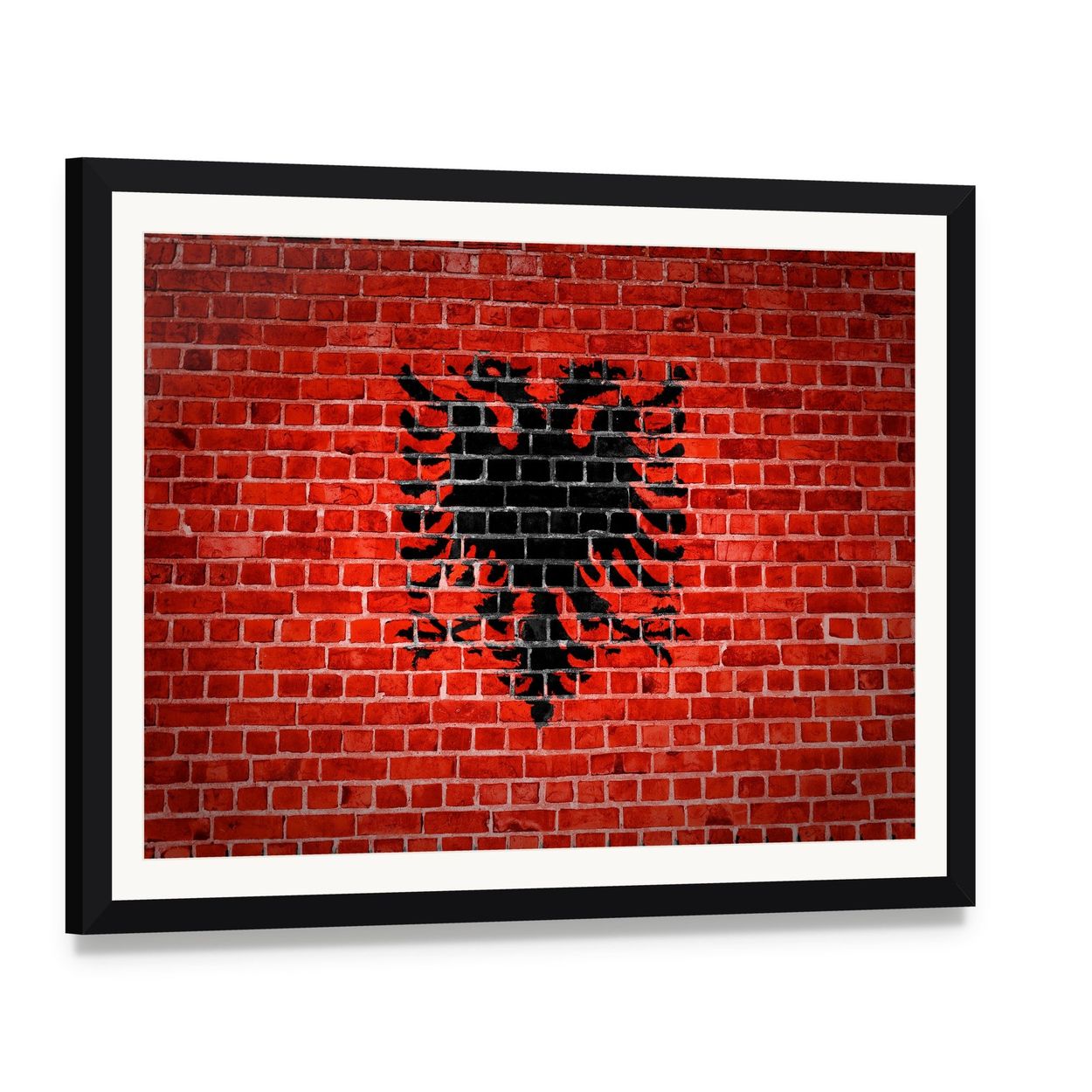 Albanian Flag on Brick Canvas Wall Art, framed print with white mat and black frame, angled product view