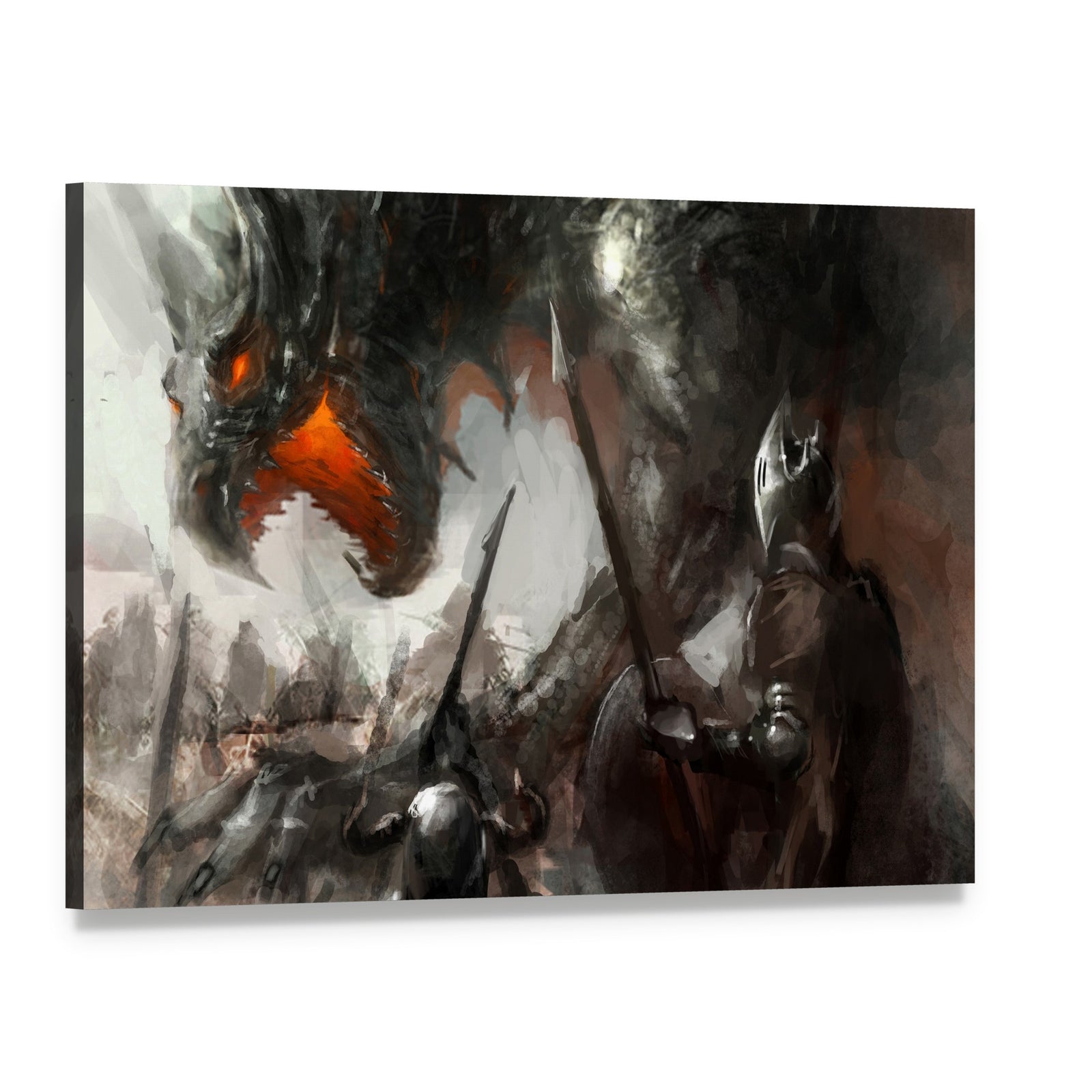 Knights Hunting Dragon Canvas Wall Art, single panel gallery wrapped canvas, angled product view