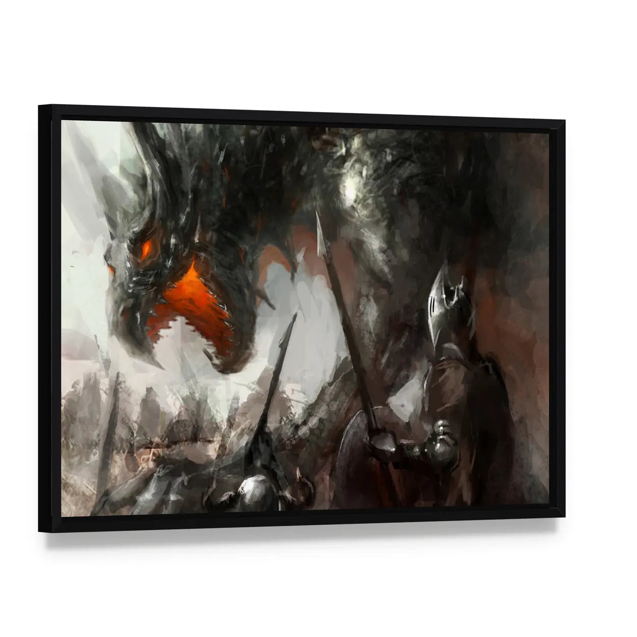 Knights Hunting Dragon Canvas Wall Art, framed canvas in a black floater frame, angled product view
