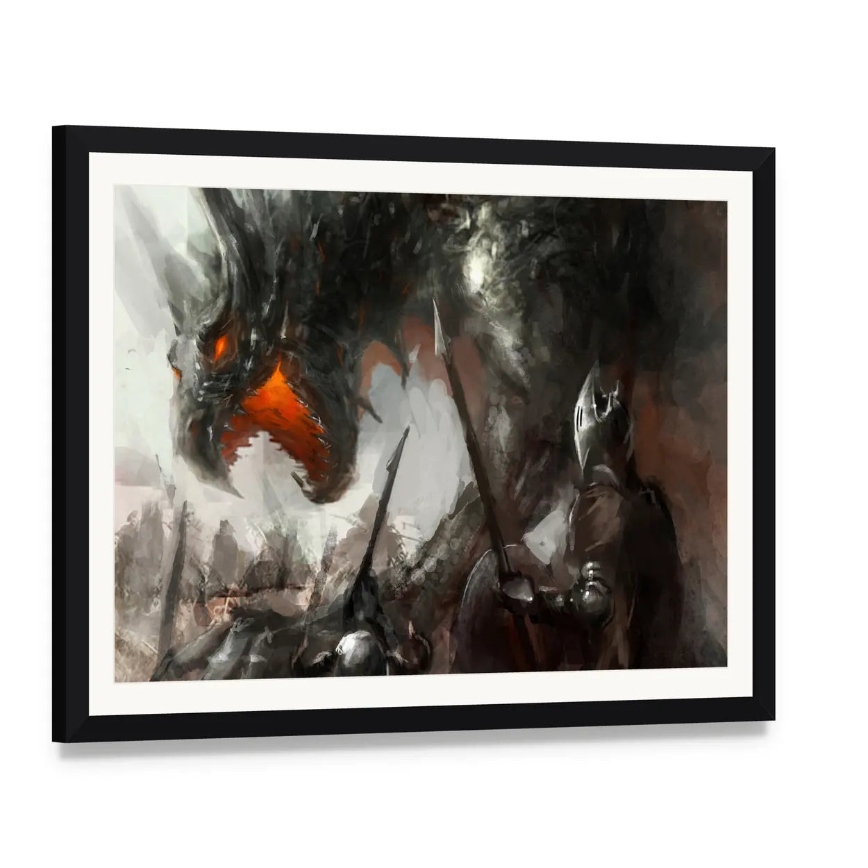Knights Hunting Dragon Canvas Wall Art, framed print with white mat and black frame, angled product view