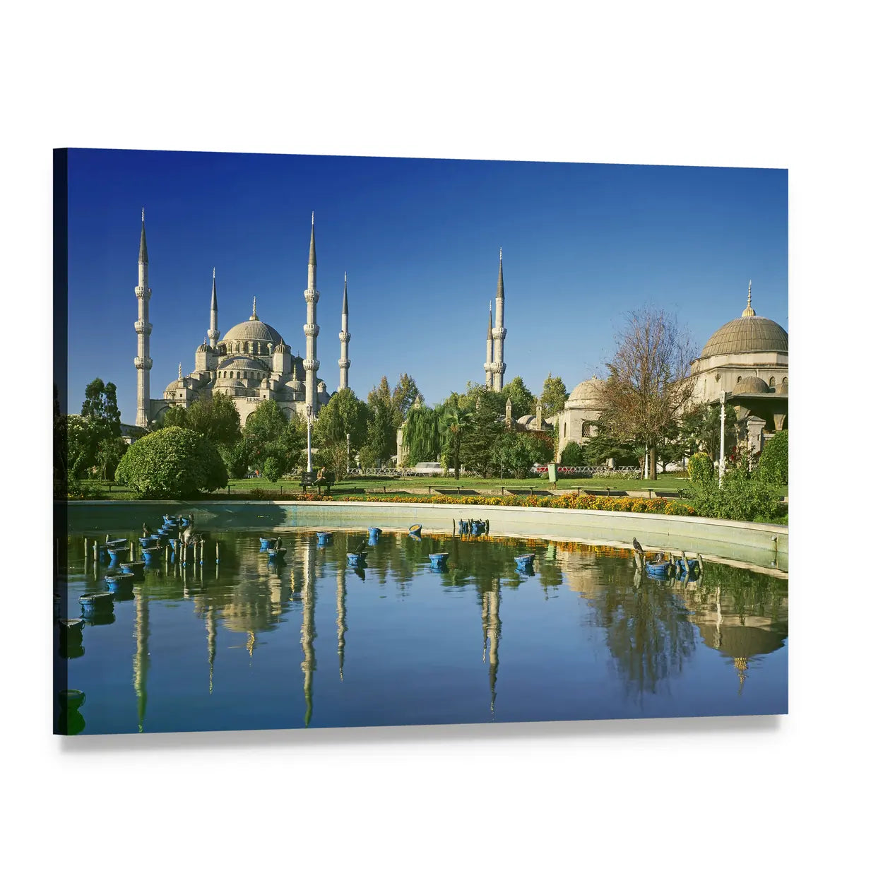 Blue Mosque with Reflection Canvas Wall Art, single panel gallery wrapped canvas, angled product view