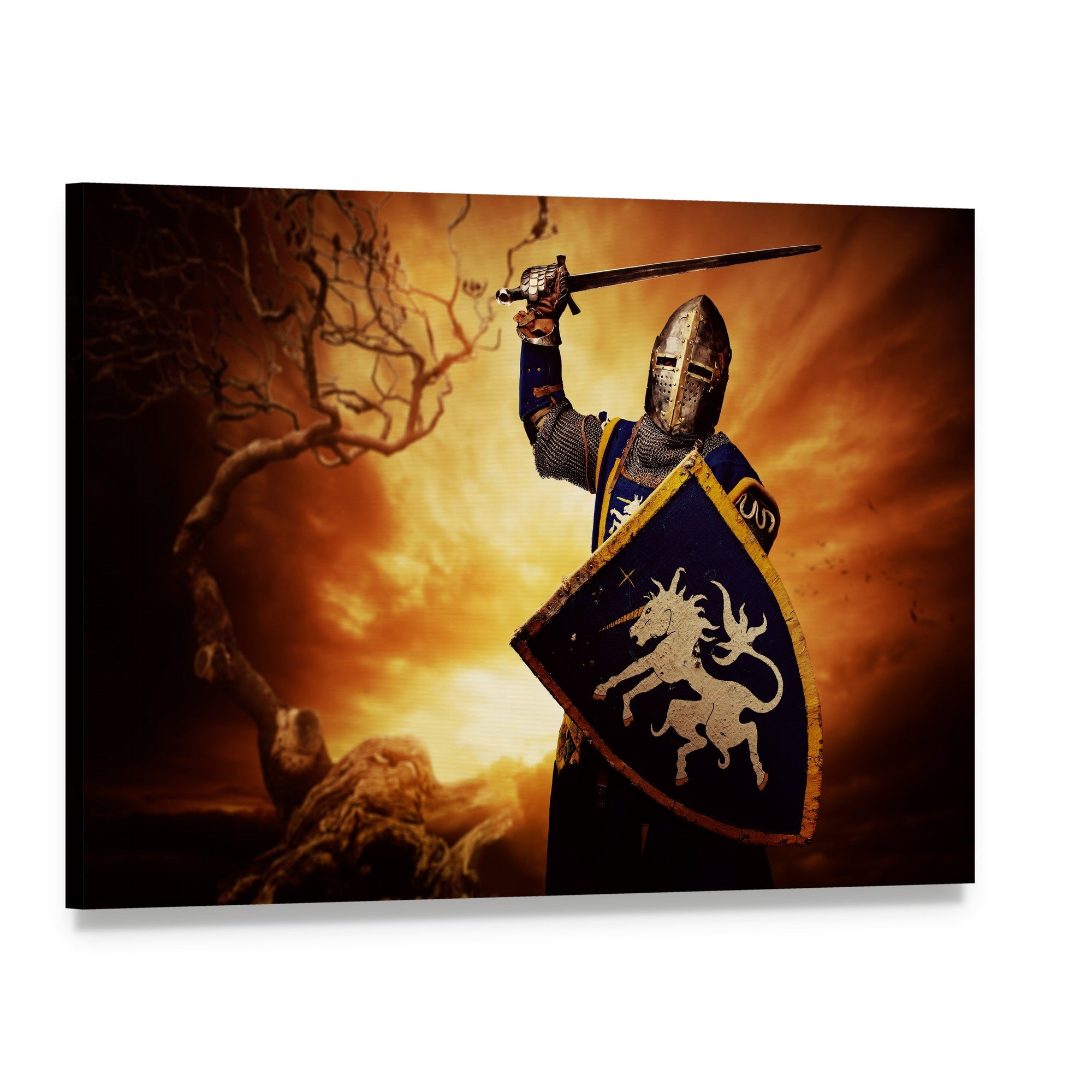 Medieval Knight with Unicorn Shield Canvas Wall Art, single panel gallery wrapped canvas, angled product view