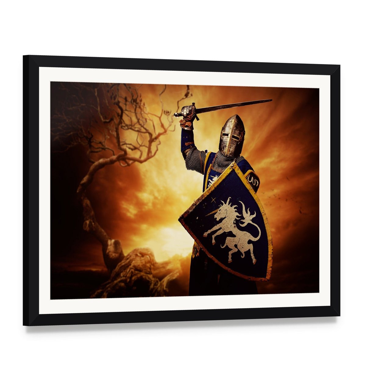 Medieval Knight with Unicorn Shield Canvas Wall Art, framed print with white mat and black frame, angled product view