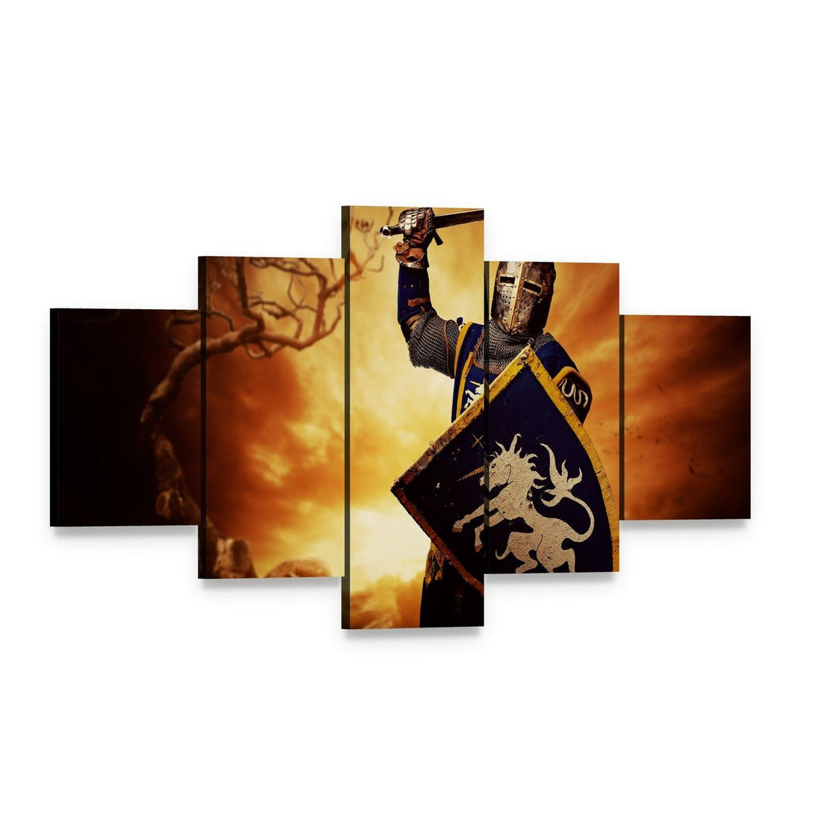 Medieval Knight with Unicorn Shield Canvas Wall Art, 5 panel 5 Star layout gallery wrapped canvas set, angled product view