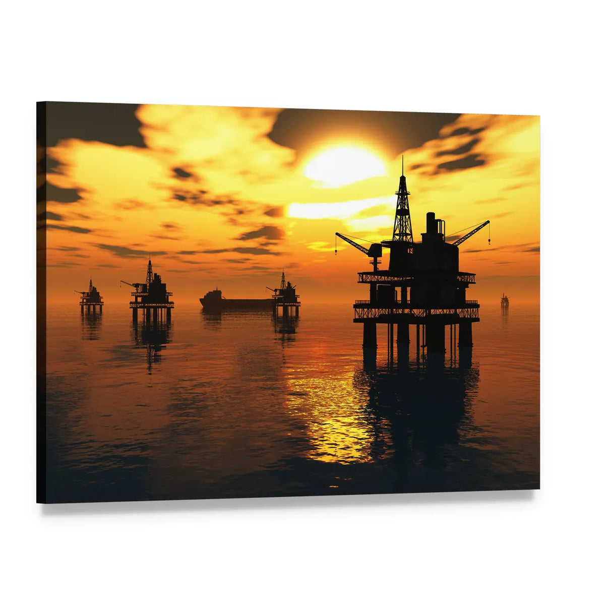 Offshore Oil Rigs at Sunset Canvas Wall Art, single panel gallery wrapped canvas, angled product view