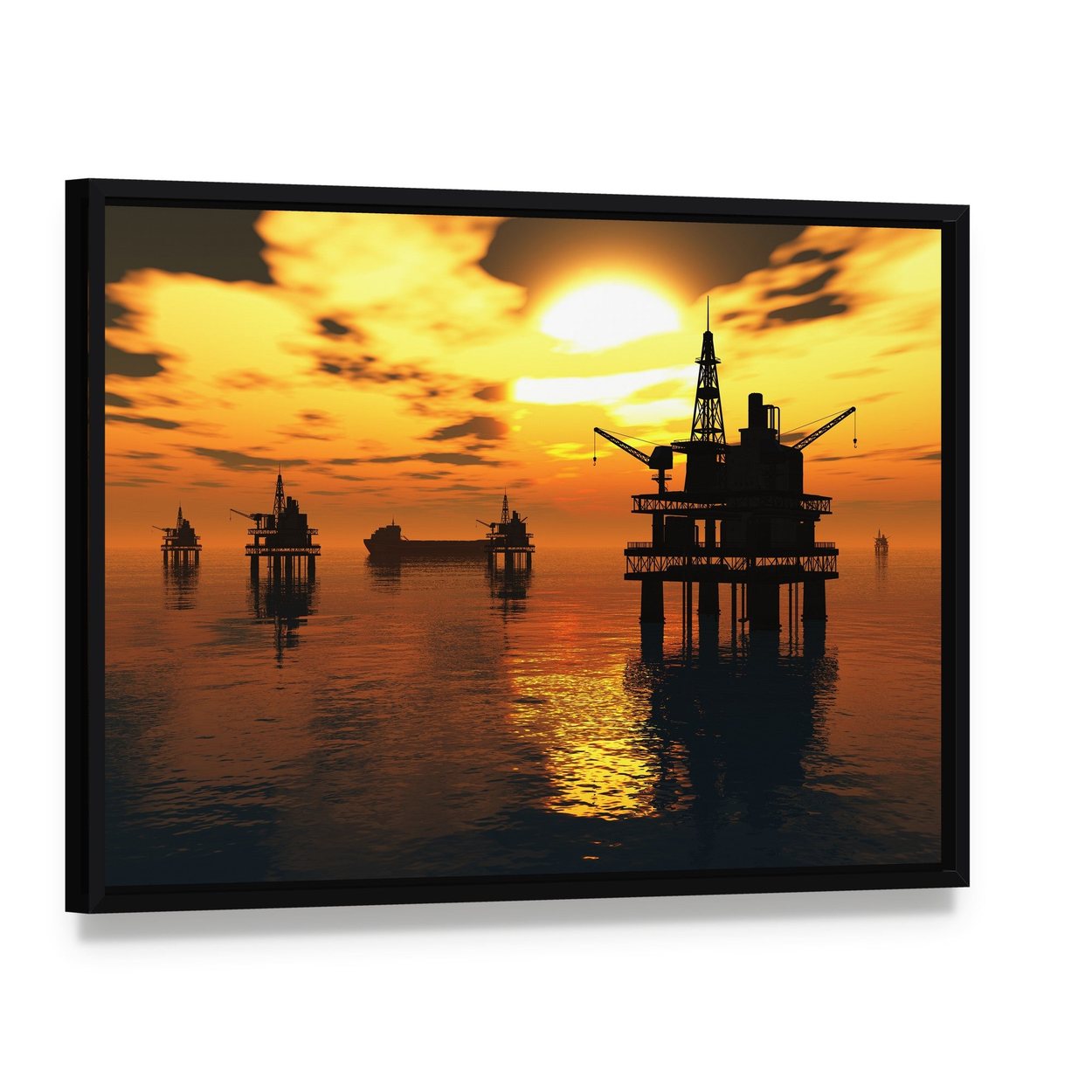 Oil Rigs and Tankers at Sunset Canvas Wall Art, framed canvas in a black floater frame, angled product view