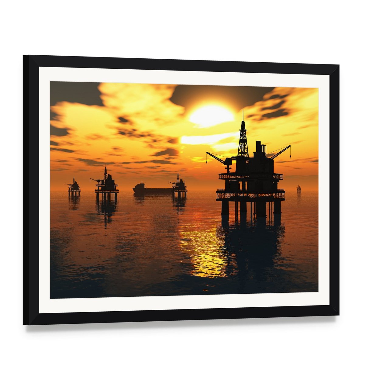 Oil Rigs and Tankers at Sunset Canvas Wall Art, framed print with white mat and black frame, angled product view