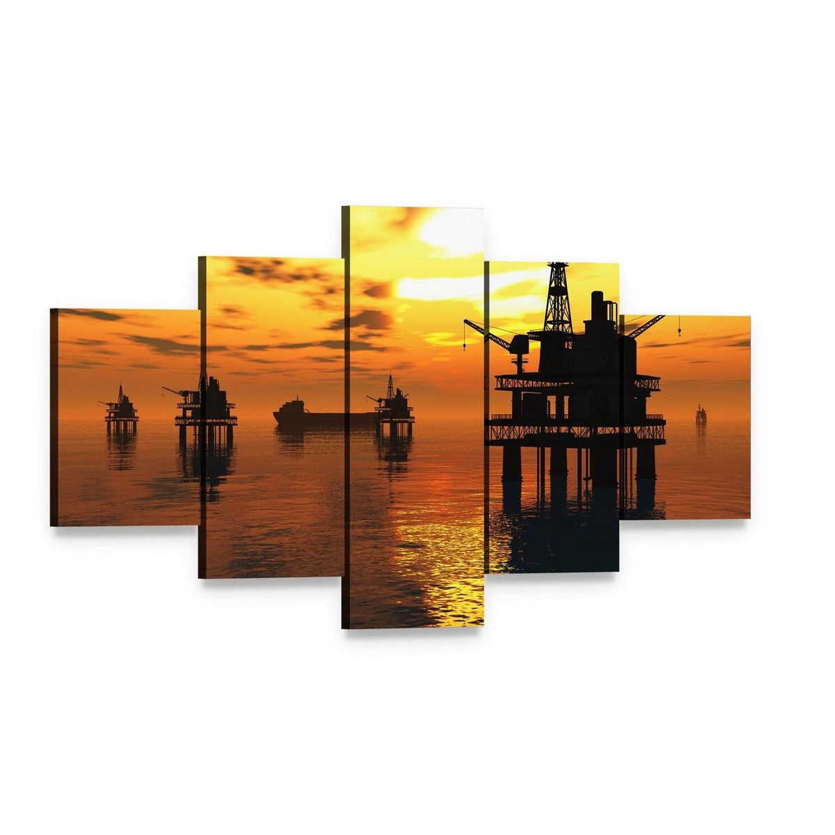 Oil Rigs and Tankers at Sunset Canvas Wall Art, 5 panel 5 Star layout gallery wrapped canvas set, angled product view