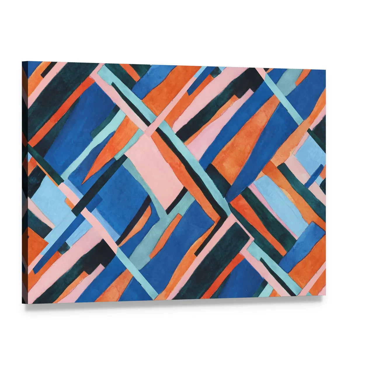 Abstract Geometric Collage in Blue and Orange Canvas Wall Art, single panel gallery wrapped canvas, angled product view