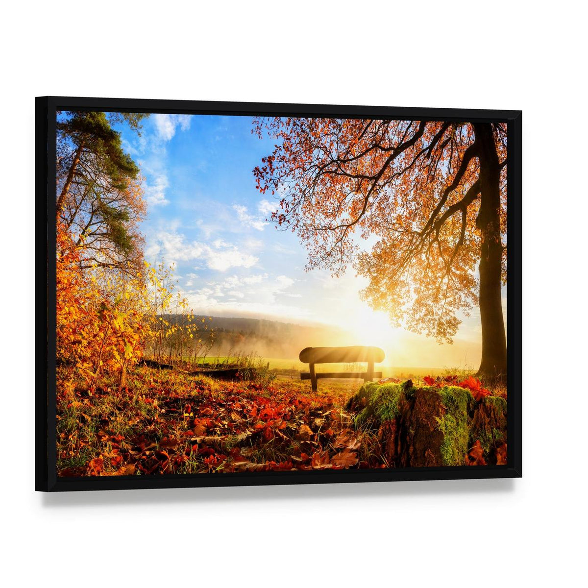 Autumn Landscape with the Sun Canvas Wall Art, framed canvas in a black floater frame, angled product view