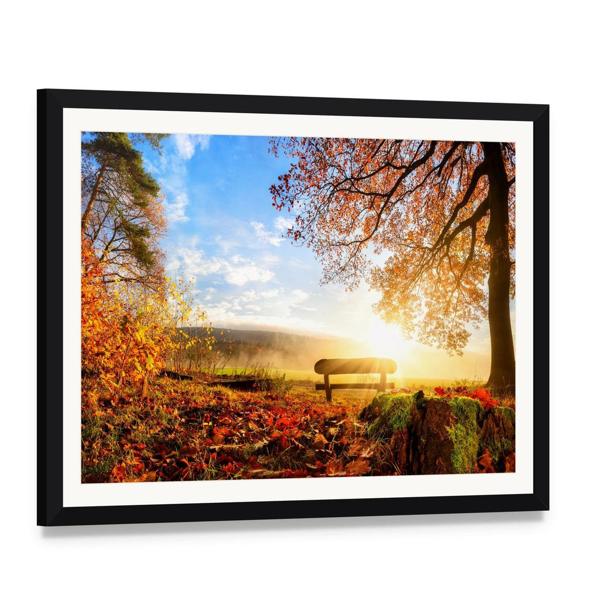 Autumn Landscape with the Sun Canvas Wall Art, framed print with white mat and black frame, angled product view