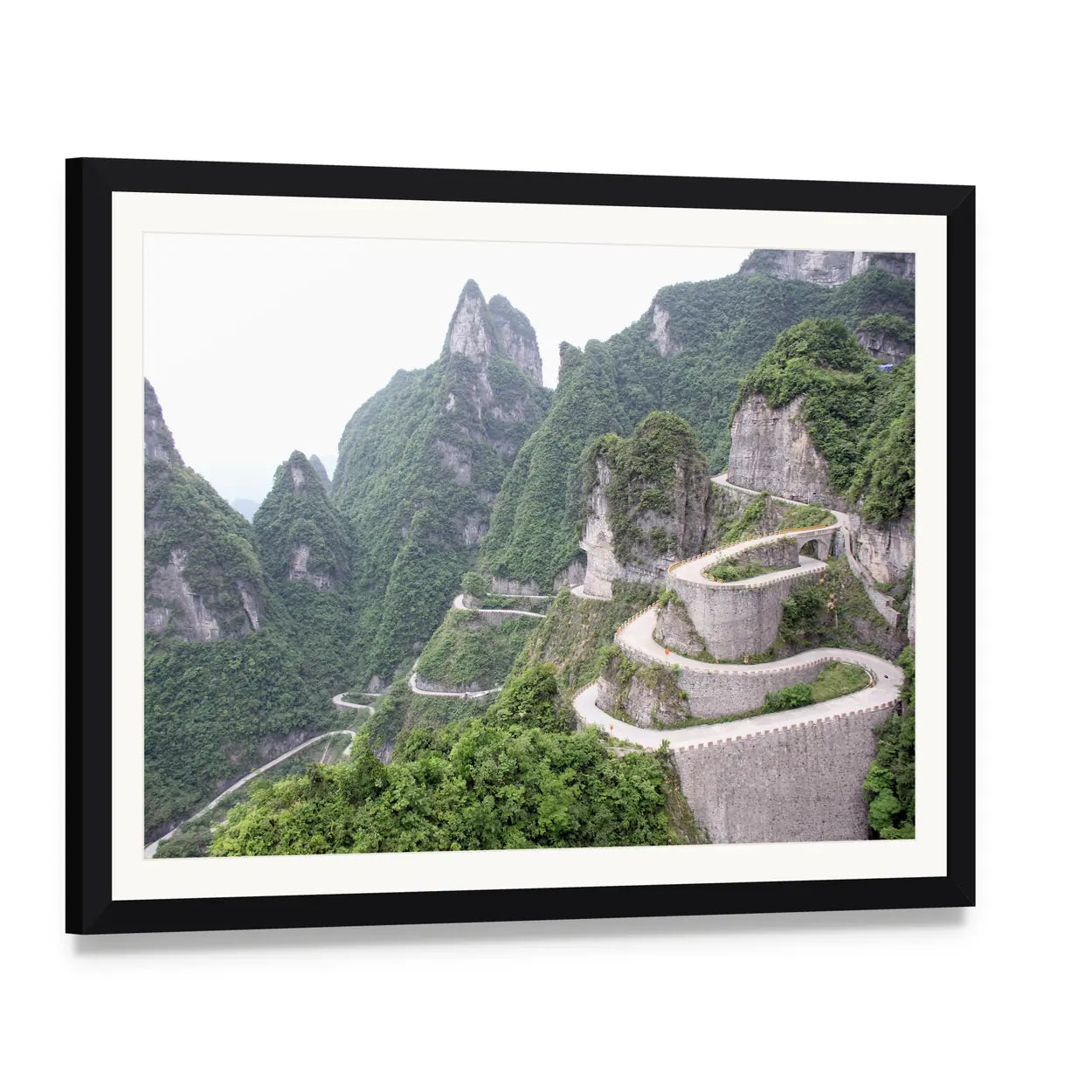 Road to Tian Men Shan Canvas Wall Art, framed print with white mat and black frame, angled product view