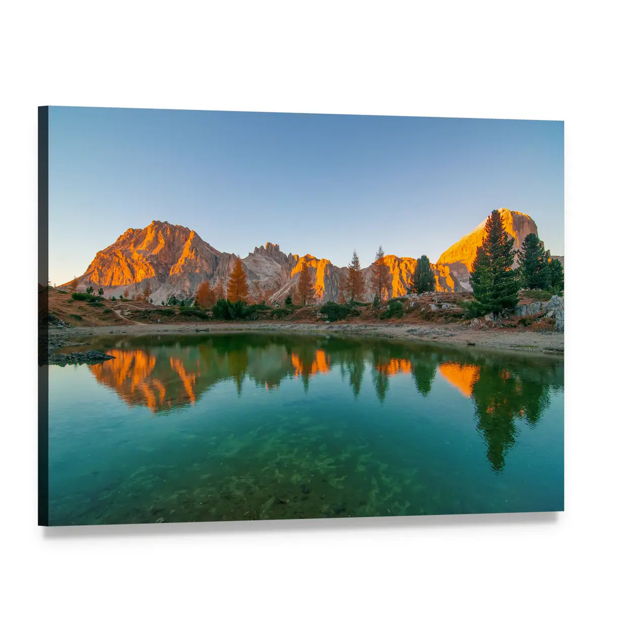Limides Lake Reflection at Golden Hour Canvas Wall Art, single panel gallery wrapped canvas, angled product view