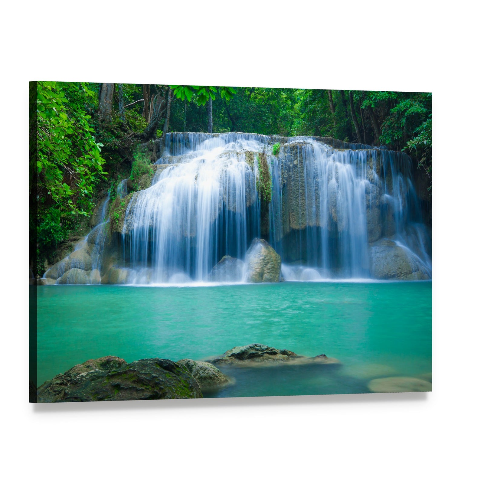 Green Waterfall Canvas Wall Art, single panel gallery wrapped canvas, angled product view