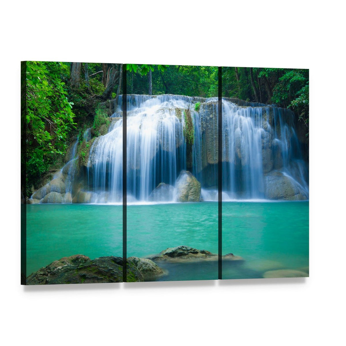 Green Waterfall Canvas Wall Art, 3 panel 3 Horizontal layout gallery wrapped canvas set, angled product view