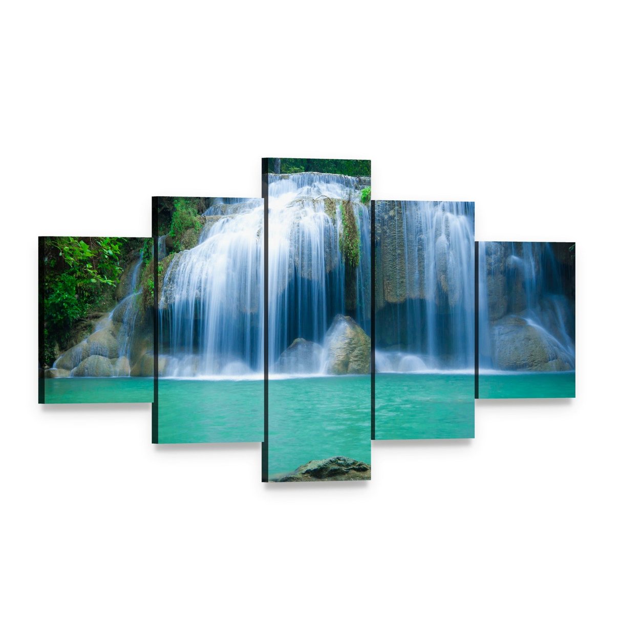 Green Waterfall Canvas Wall Art, 5 panel 5 Star layout gallery wrapped canvas set, angled product view