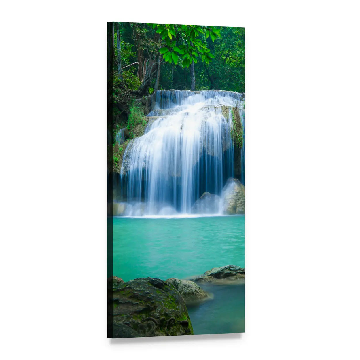 Green Waterfall with Turquoise Pool Vertical Canvas Wall Art, 1 panel 1 Vertical layout gallery wrapped canvas set, angled product view