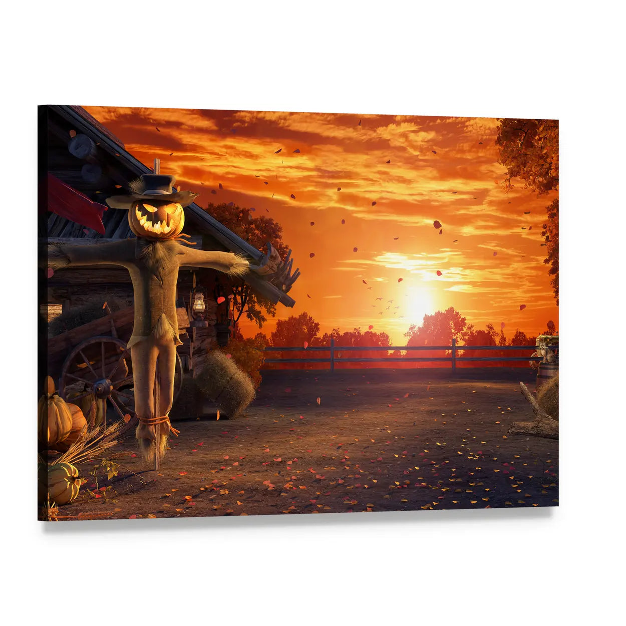Pumpkin Scarecrow at Autumn Sunset Canvas Wall Art, single panel gallery wrapped canvas, angled product view