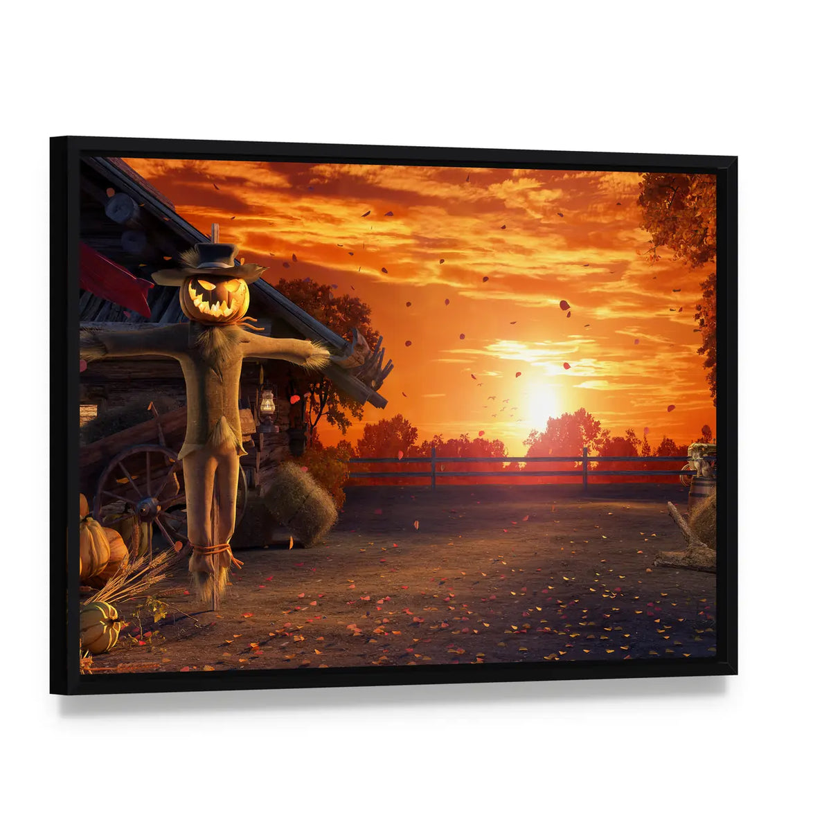 Pumpkin Scarecrow at Autumn Sunset Canvas Wall Art, framed canvas in a black floater frame, angled product view