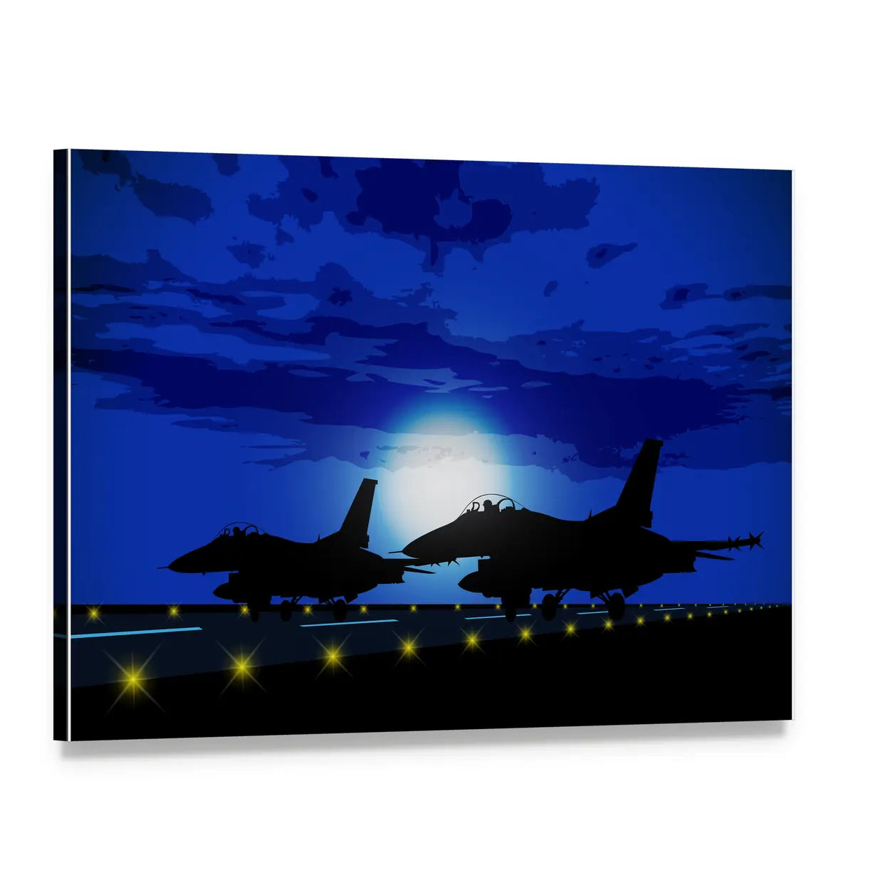 F-16 Silhouettes Over Moonlit Runway Canvas Wall Art, single panel gallery wrapped canvas, angled product view