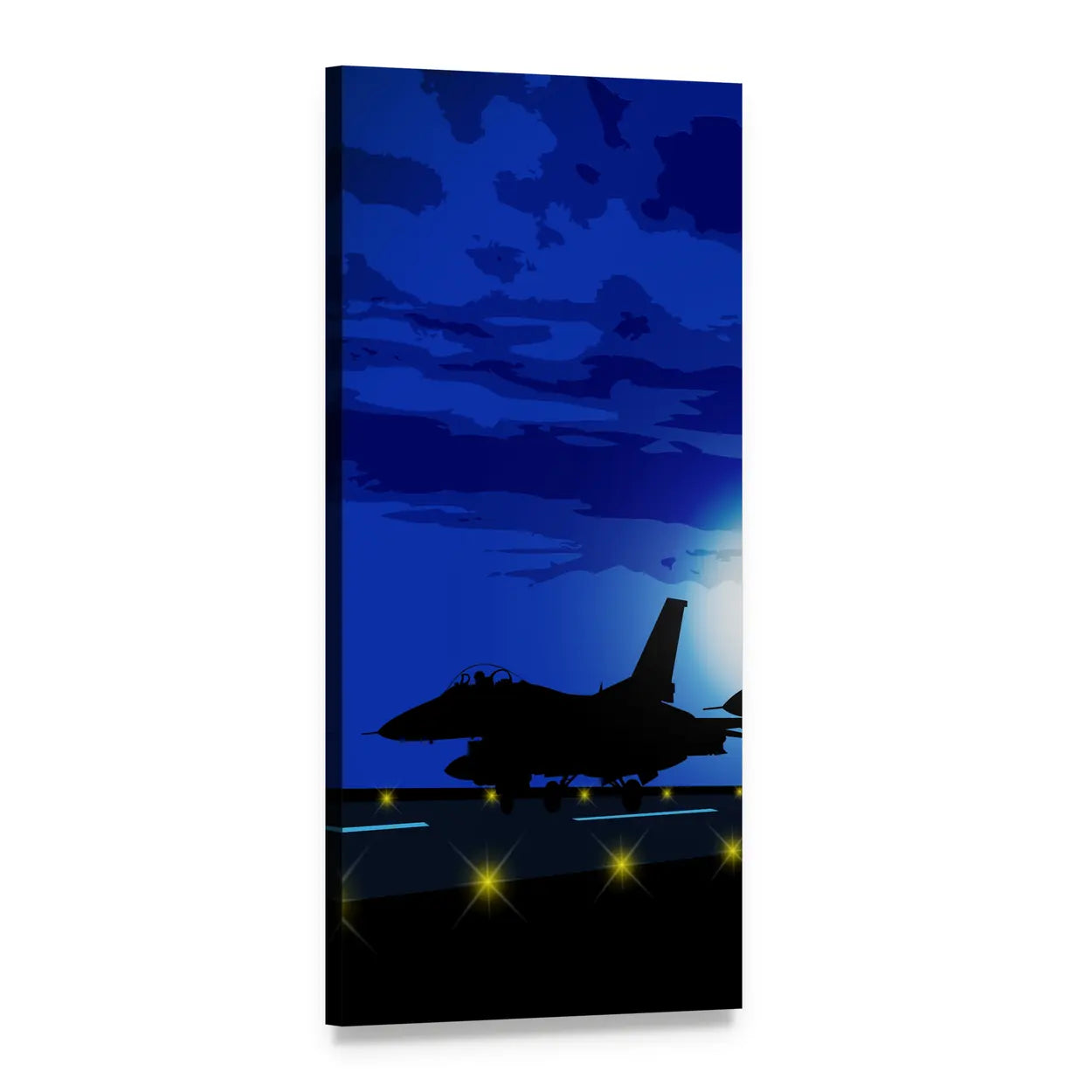 F-16 Silhouette Over Runway Lights Vertical Canvas Wall Art, 1 panel 1 Vertical layout gallery wrapped canvas set, angled product view