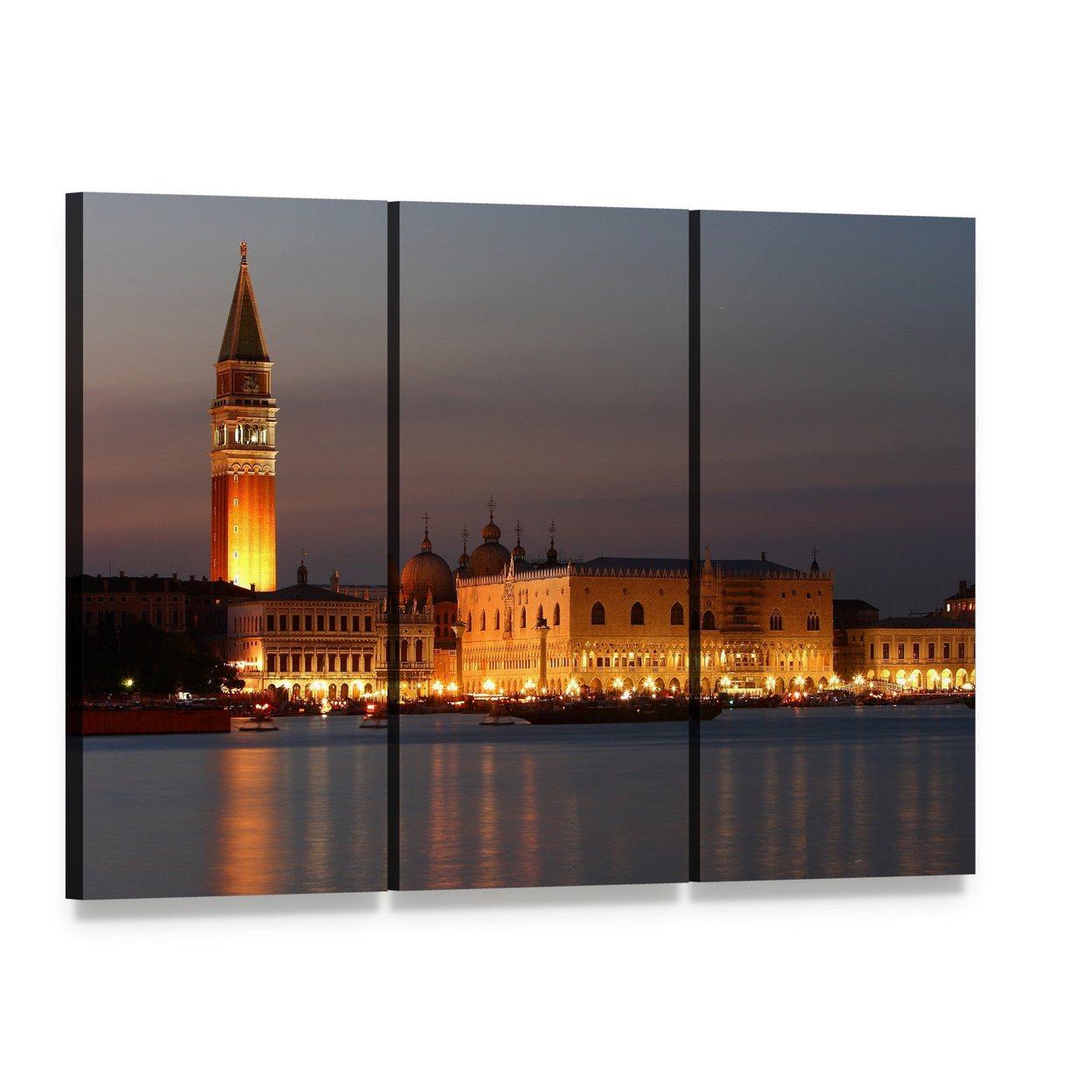 Venice Sunset with Illuminated Canals Canvas Wall Art, 3 panel 3 Horizontal layout gallery wrapped canvas set, angled product view