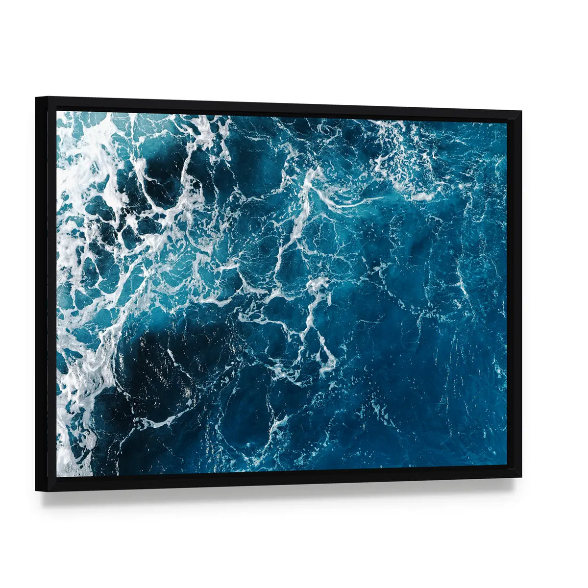 Abstract Blue Ocean Surface Canvas Wall Art, framed canvas in a black floater frame, angled product view