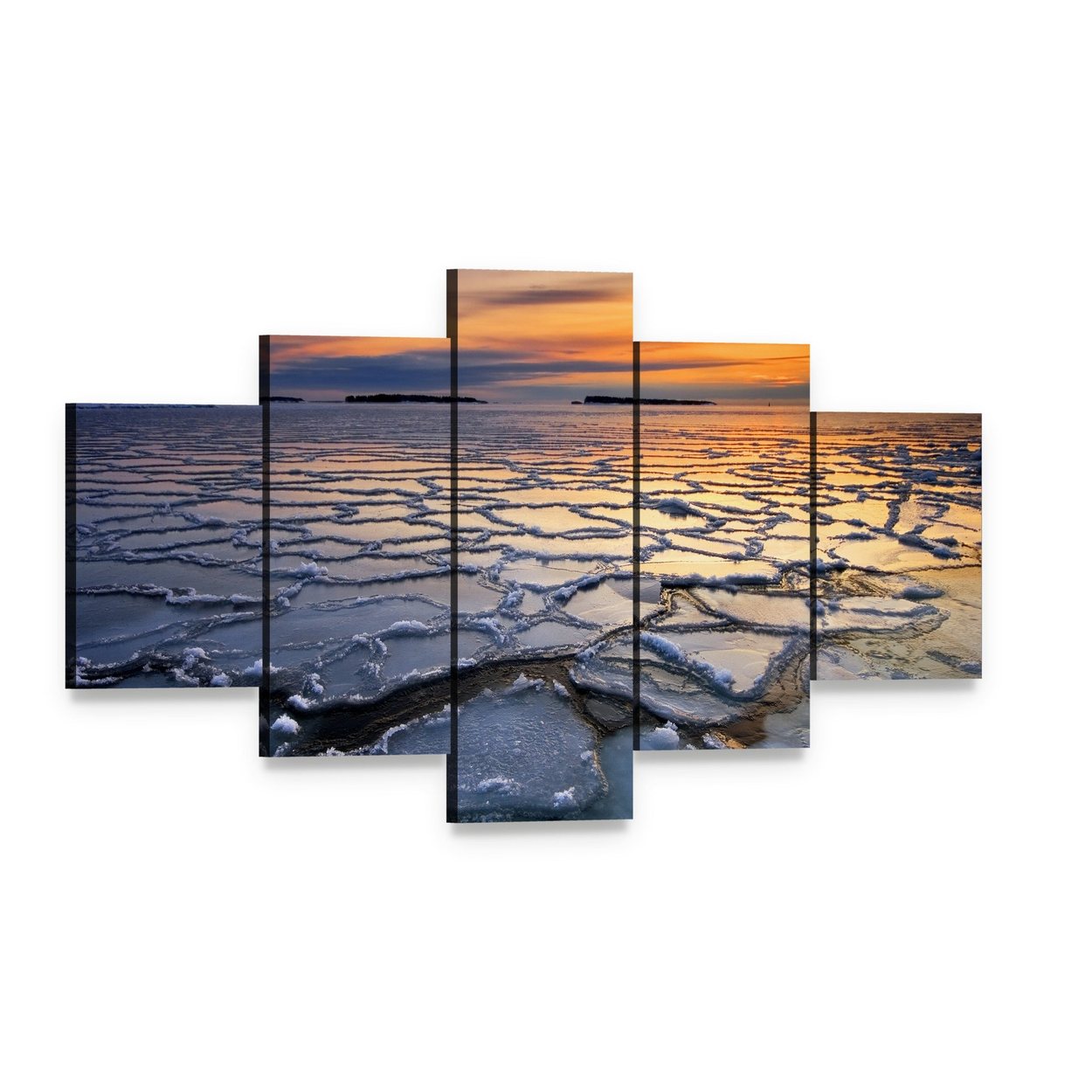 Sunset Over Sea Ice Floes Canvas Wall Art, 5 panel 5 Star layout gallery wrapped canvas set, angled product view