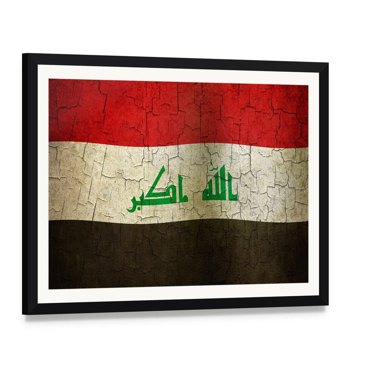 Vintage Iraq Flag with Arabic Calligraphy Canvas Wall Art, framed print with white mat and black frame, angled product view