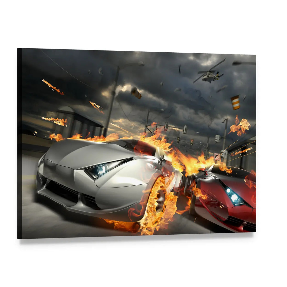 Futuristic Street Car Chase Canvas Wall Art, single panel gallery wrapped canvas, angled product view