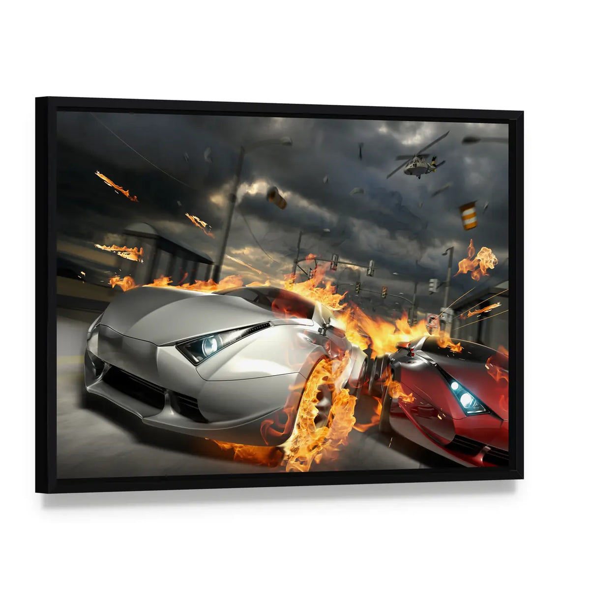 Futuristic Street Car Chase Canvas Wall Art, framed canvas in a black floater frame, angled product view