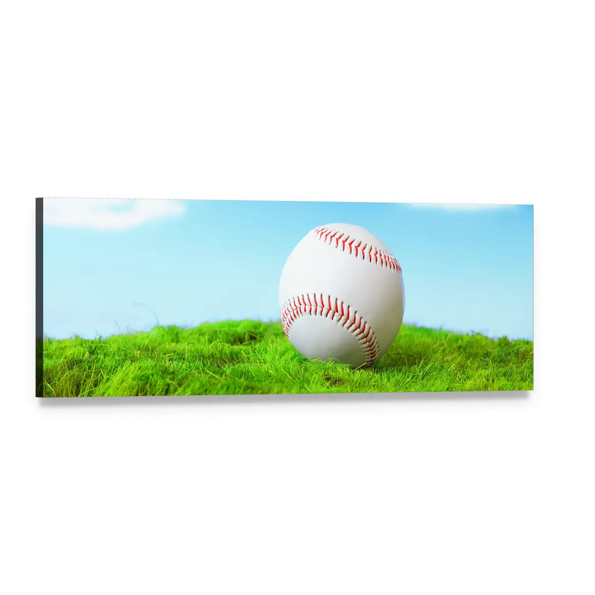 Baseball on Green Grass Panoramic Canvas Wall Art, single panel gallery wrapped canvas, angled product view