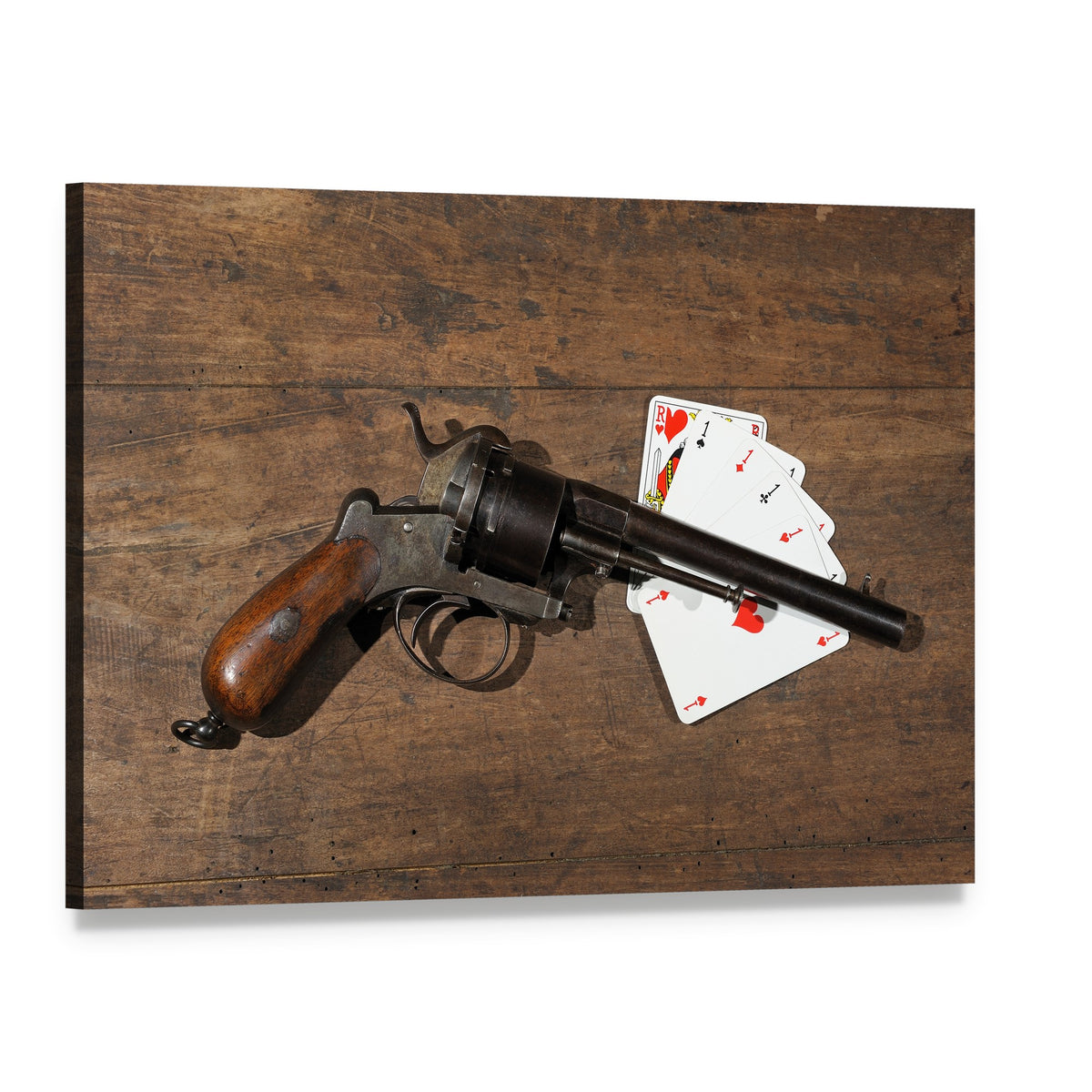 Gun and Cards on Table Canvas Wall Art, single panel gallery wrapped canvas, angled product view