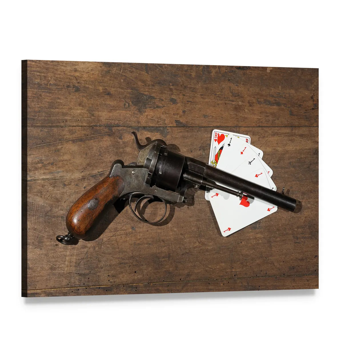 Antique Revolver and Playing Cards on Wooden Table Canvas Wall Art, single panel gallery wrapped canvas, angled product view