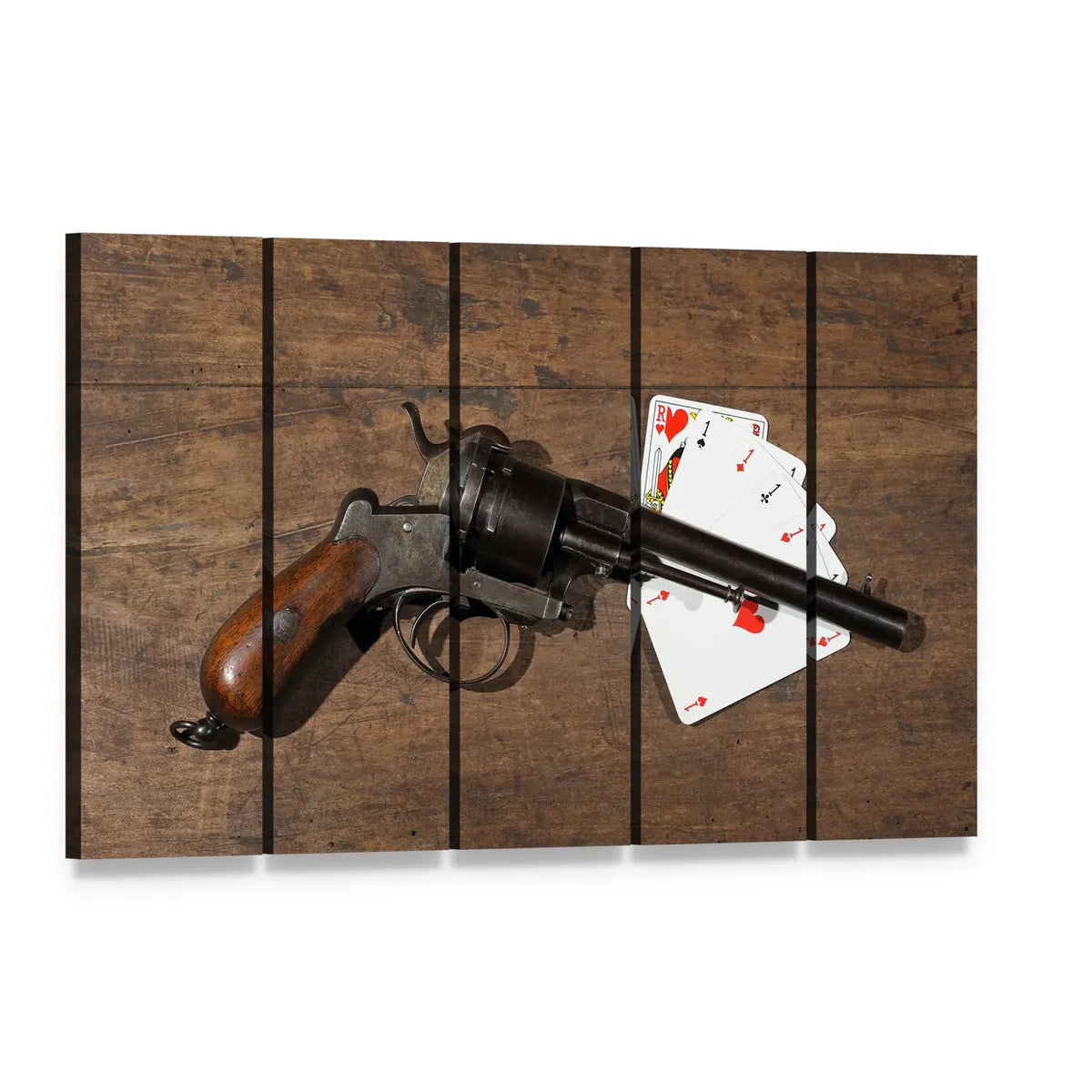 Antique Revolver and Playing Cards on Wooden Table Canvas Wall Art, 5 panel 5 Horizontal layout gallery wrapped canvas set, angled product view